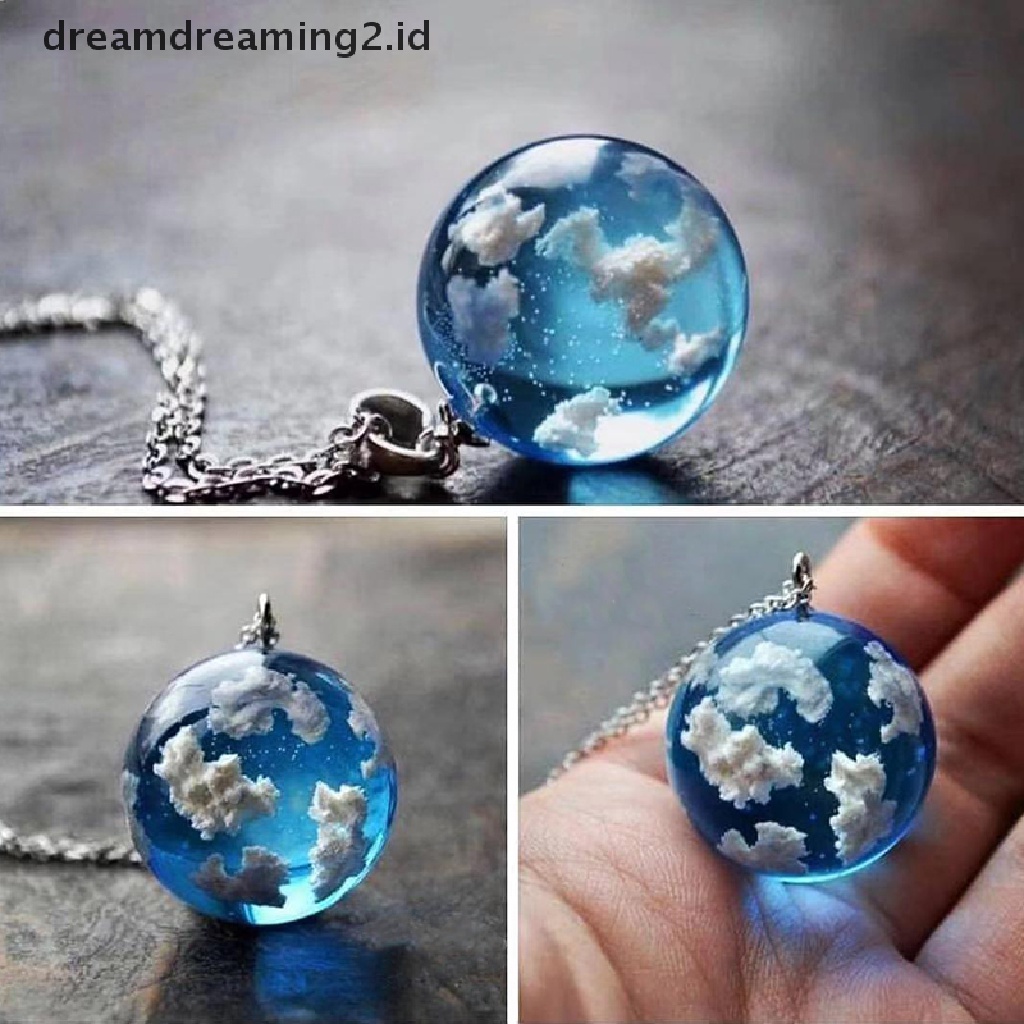 (hot) Kalung Liontin Bulan Bola Resin Perhiasan Kalung Rantai Awan Biru Langit Putih//