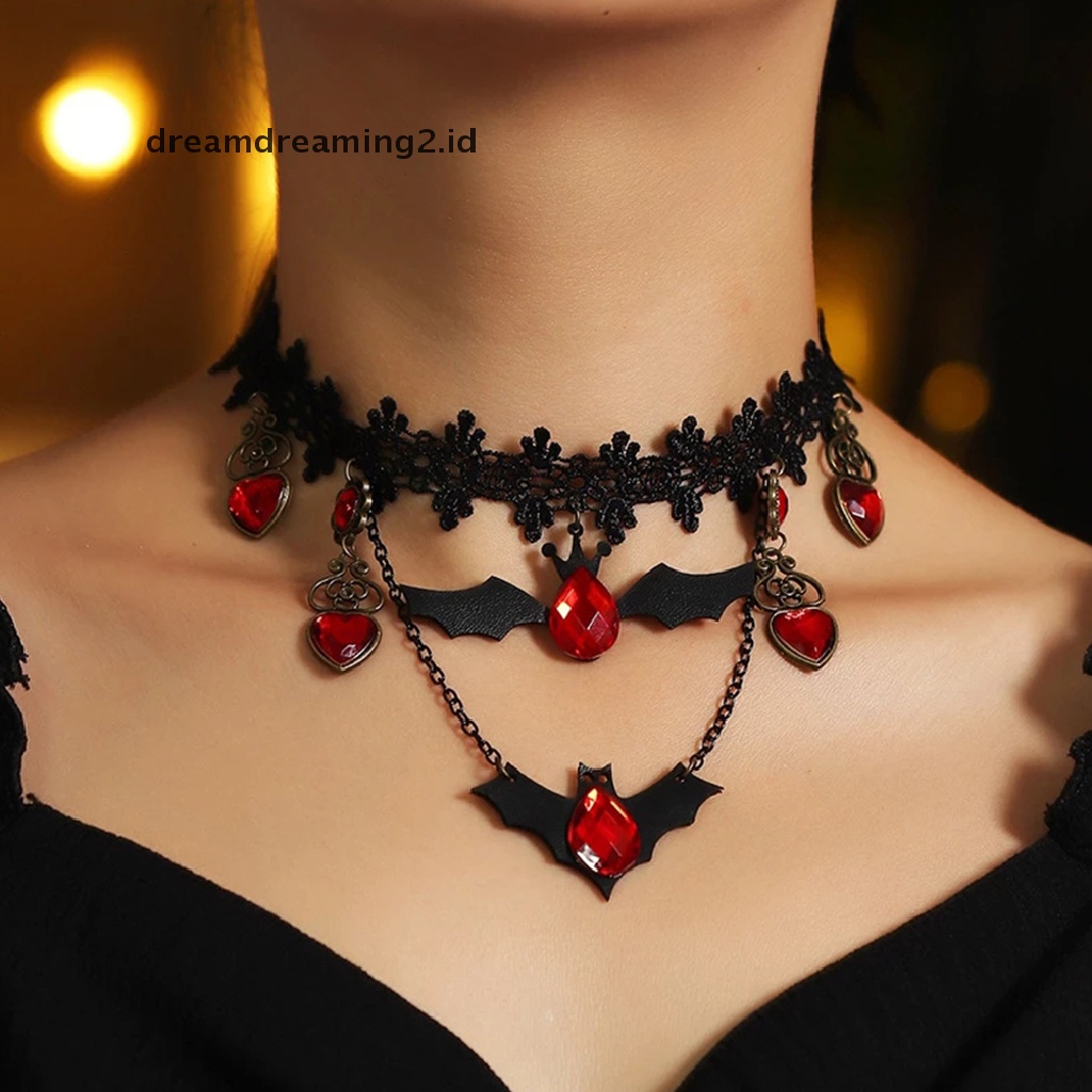 (hot) Perhiasan Gotik Kelelawar Merah Halloween Kalung Renda Choker Kalung Malam Buruk Berlapis//