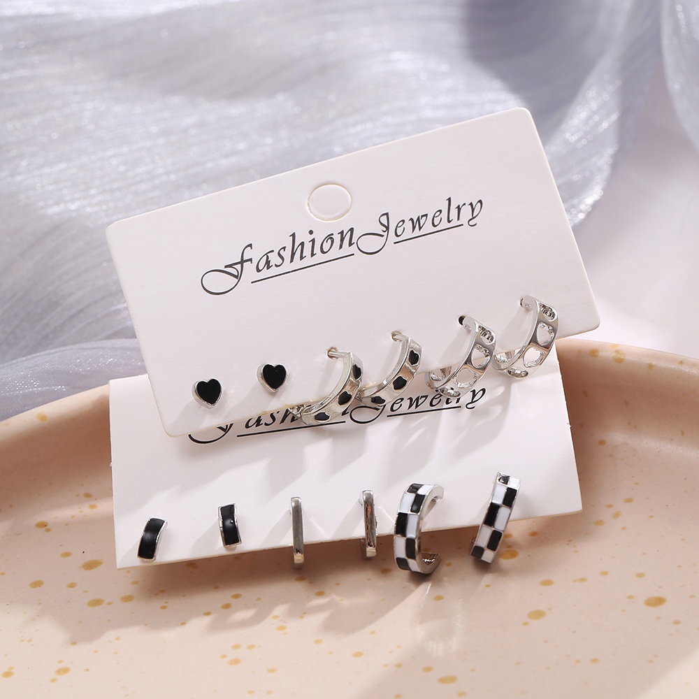 6pasang/set Anting Set Bentuk Kotak Hati Hitam Dan Putih Anting Hoop Silver Untuk Aksesoris Perhiasan Wanita