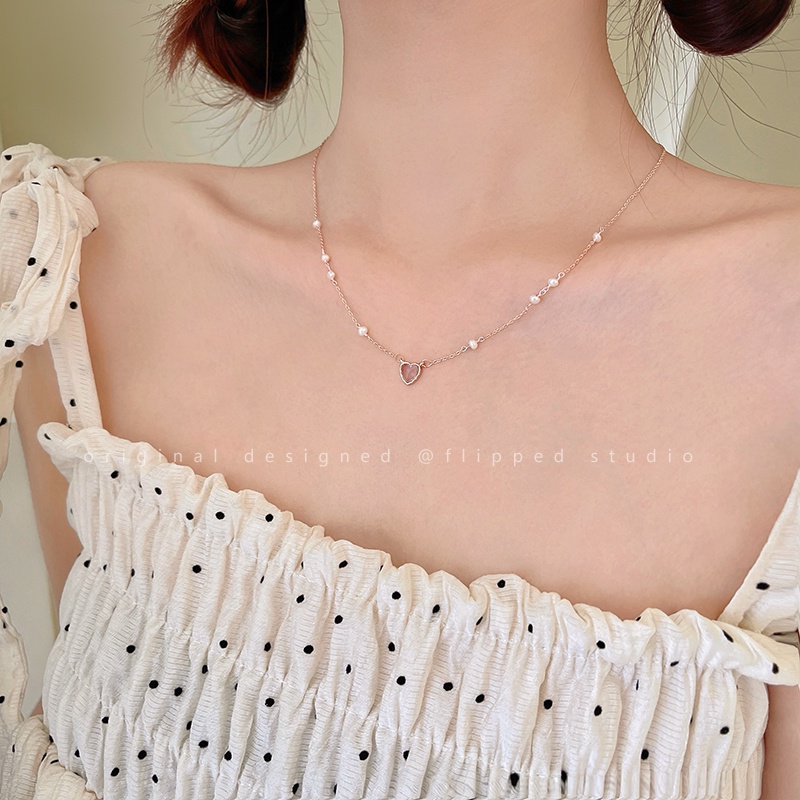 Kalung Liontin Hati Zirkon Pink Elegan Untuk Wanita Mutiara Emas Rantai Choker Aksesoris Perhiasan