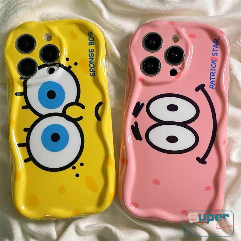 Casing Kartun Shockproof Kompatibel Untuk IPhone 7Plus XR 6s 6 7 8 Plus 13 14 11 12 Pro Max X XS Max SE 2020 Star 3D Wavy Curved Edge Cute SpongeBob Patrick Airbag Glossy Soft Cover