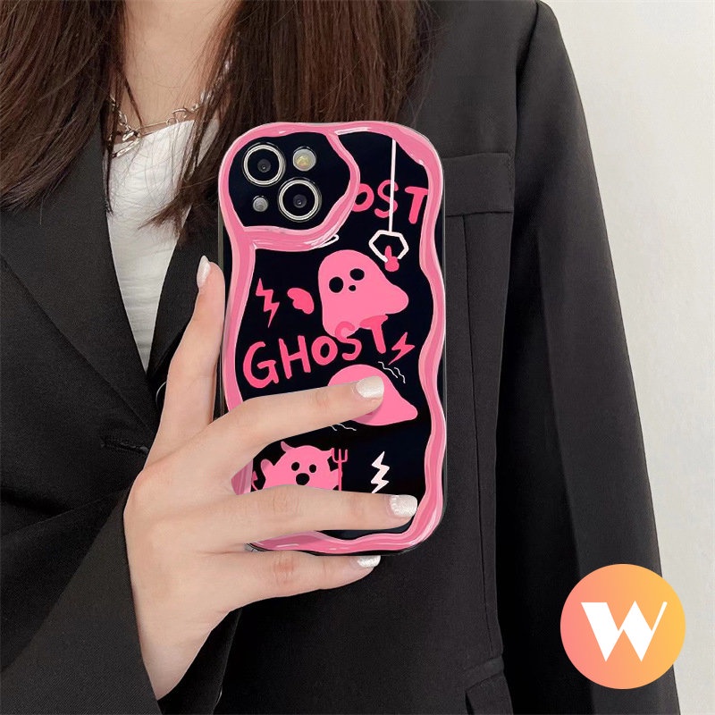 IPHONE Casing Ponsel Lucu Pink Soul Ghost Kompatibel Untuk Iphone7 8 6 6s Plus 11 13 12 14 Pro Max XR X XS Max SE 2020 3D Wavy Curved Edge Tpu Lembut Glossy Shockproof Cover