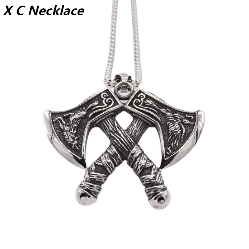 [X C Kalung] Pria Kalung Viking Tomahawk Baja Titanium Liontin Hip Hop Punk Gothic Vintage Fashion Perhiasan Aksesoris