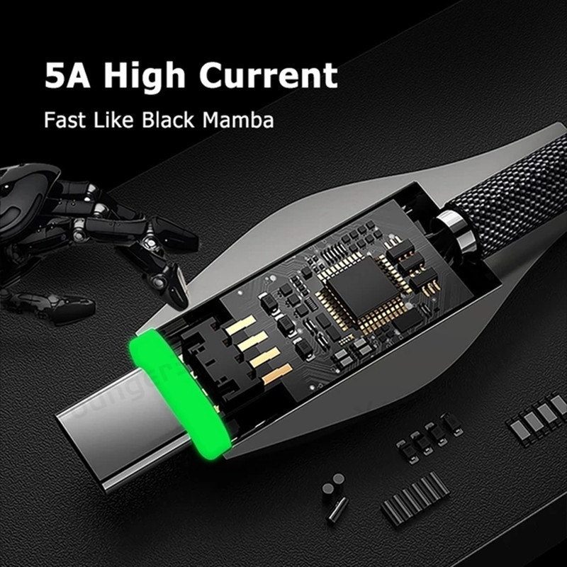 66w Super Fast Charging Type C Kabel 5A Charge Cord Black Mamba Charging Kabel USB Dengan Lampu LED Support Transmisi Data