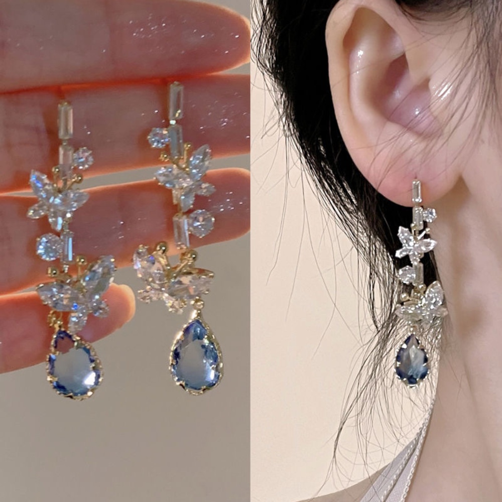 Deartiara Korea Cahaya Mewah Premium Anting Tetesan Kupu-Kupu Indah Micro Set Zirkon Anting Temperamen Biru