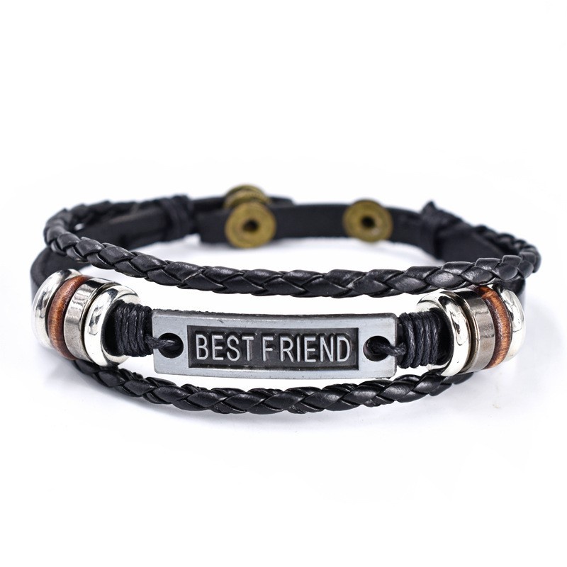 [X C Gelang] Mode Baru Bestfriend Gelang Kulit Hitam Vintage Hip Hop Punk Gelang Kulit Lengan Manik-Manik Multilayer Zinc Alloy Anyaman Gelang