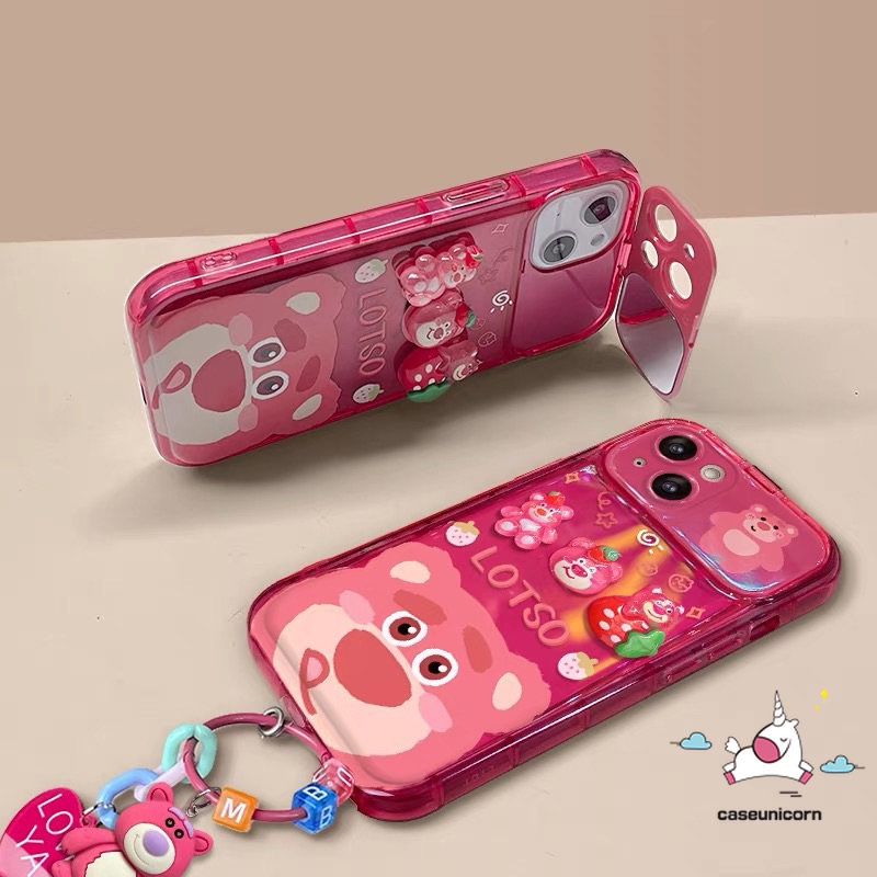 Casing Manyo Beruang Strawberry Lucu Untuk Oppo A57 A15 A5s A3s A7 A9 A5 A31 A33 2020 A12 A53 A15s A12E A77 A77s A11K A11 A35 Boneka 3D Kartun Lembut Kreatif Flip Make Up Cermin Penutup Belakang