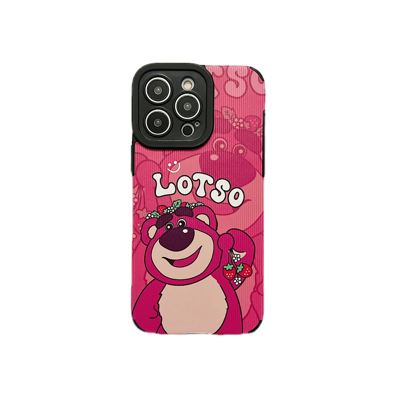 【Lamb Skin】So Cute LOTSO Strawberry Bear Leather Soft Case for IPhone 7 Plus 8 Plus X XS XR XS Max 11 13 12 14 PRO Max 14 Plus for Girl Women's Gift Red