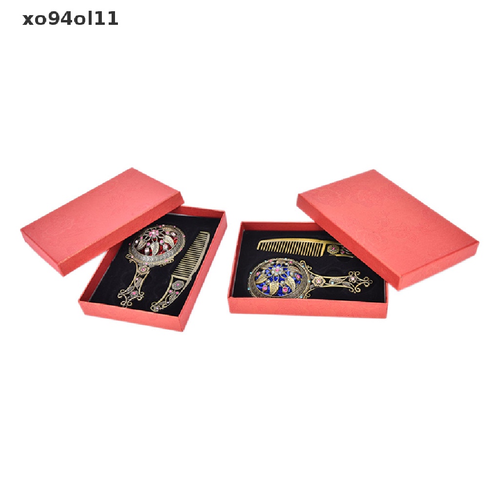 Xo 2PCS Bronze Cermin Genggam Berongga Kosmetik Compact Mirror Comb Set Kotak Hadiah OL