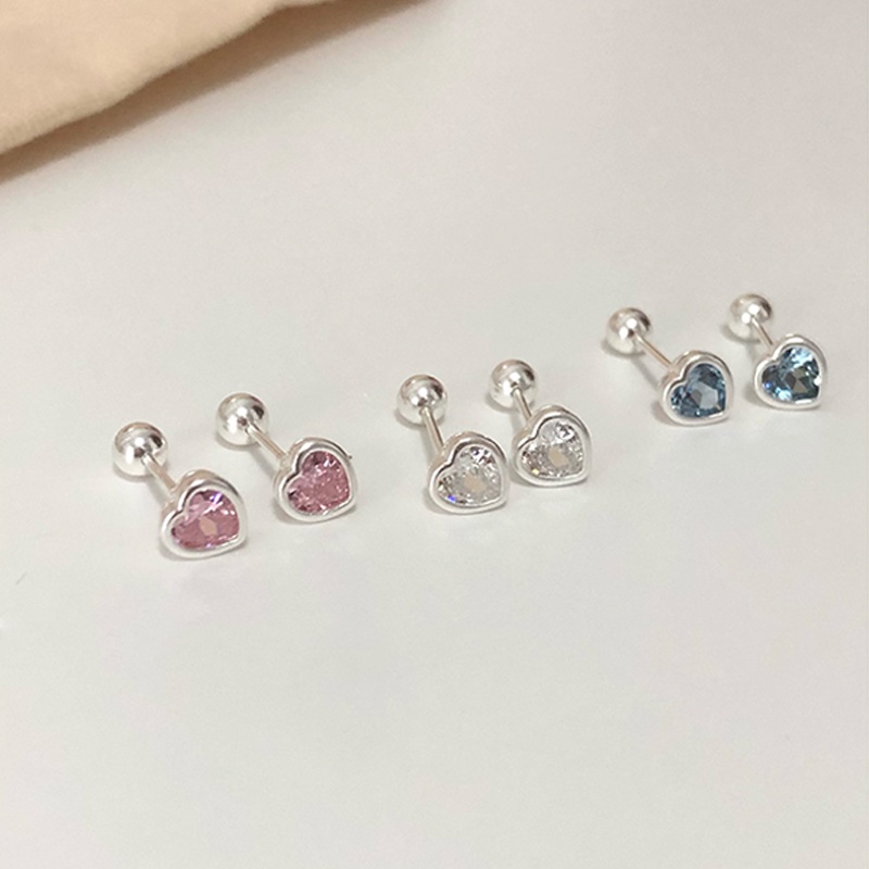 Papaozhu Chic S925 Perak Bersinar Pink Biru Zirkon Jantung Manik Stud Anting-Anting Untuk Wanita Perempuan Mewah Berkilau Kristal Peach Jantung Anting-Anting Manis Telinga Aksesoris