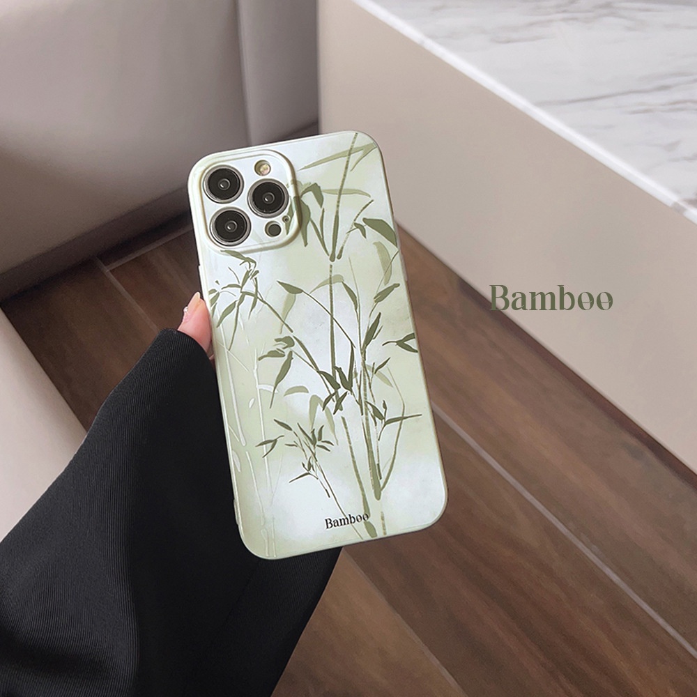 IPHONE Lukisan Kuas Gaya China Bambu Hijau Pelindung Lensa Kamera Phone Case Covers Untuk Iphone11 12 13 14 PLUS PRO MAX