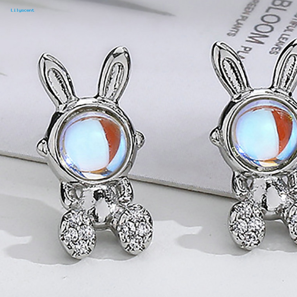 Lilyscent 1pasang Giwang Telinga Tembaga Perhiasan Aksesoris Berlian Imitasi Hias Kelinci Bunny Ear Studs Warna Silver