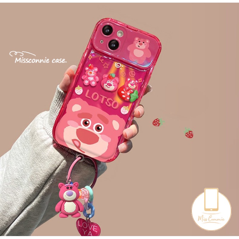 Mainan 3D Flip Make Up Mirror Case Kompatibel Untuk iPhone 11 Pro MAX 7Plus 14 12 13 Pro MAX 7 8 14 Plus XR 11 14 X XS MAX SE Kartun Strawberry Bear Cute Manyo Shockproof Soft Cover