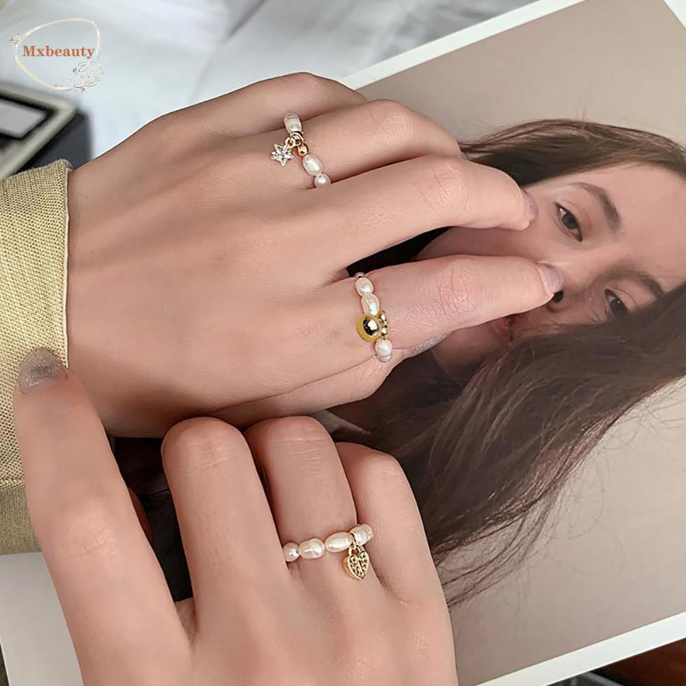 Mxbeauty Cincin Elastis Perhiasan Pesta Trendy Untuk Wanita Tembaga Zircon Pearl Ring