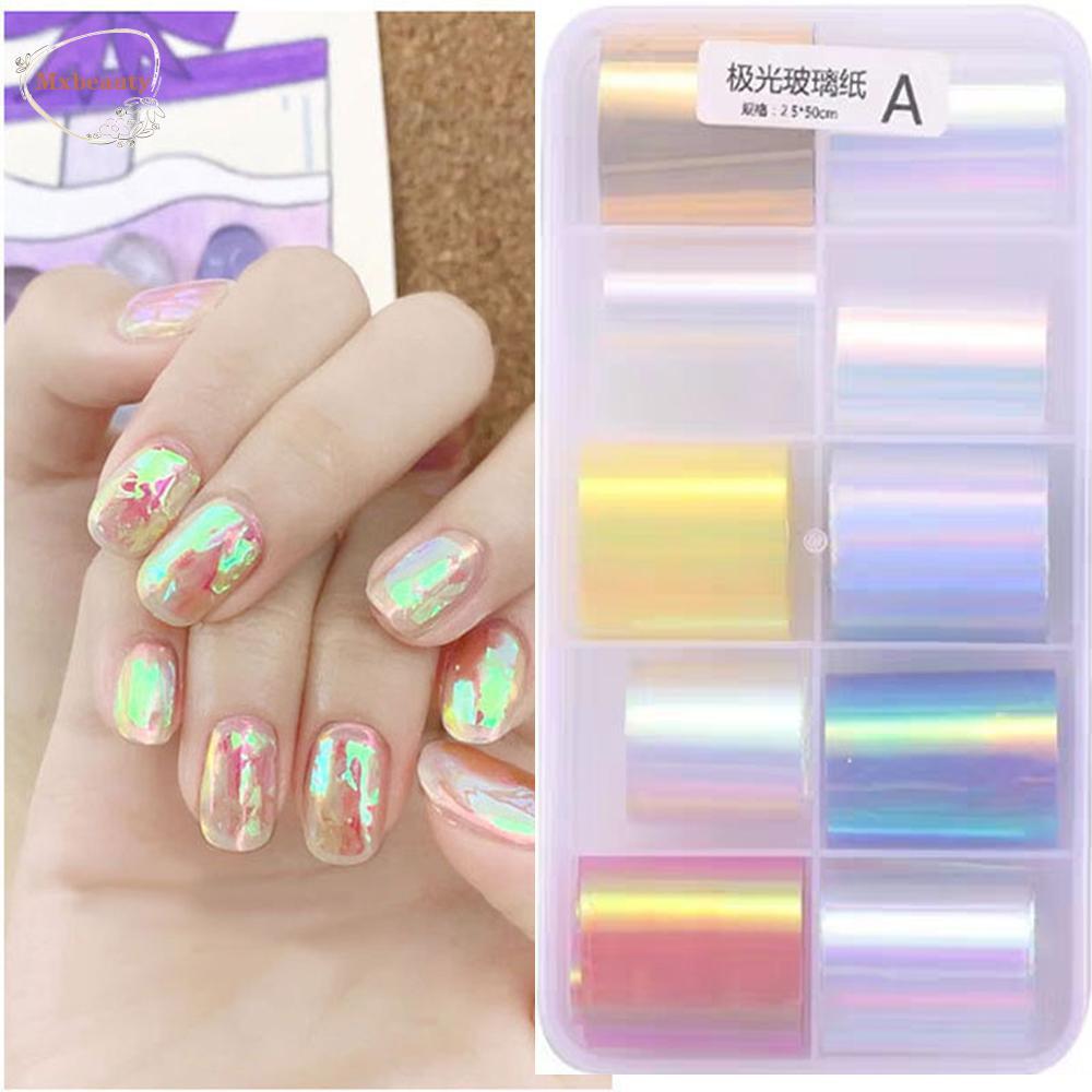 MXBEAUTY 1 Box/set Nails Art Decoration DIY Nail Foil Film Aurora Broken Glass Foils Mirror Glitter Decal Colorful Transfer Paper Nail Stickers Manicure Tools Laser Cellophane