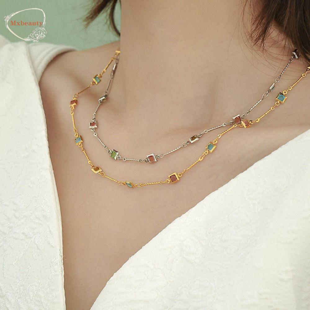 Mxbeauty Kalung Wanita Pesta Keren Warna-Warni Mengkilap Retro Kristal Gaya Korea Necklace