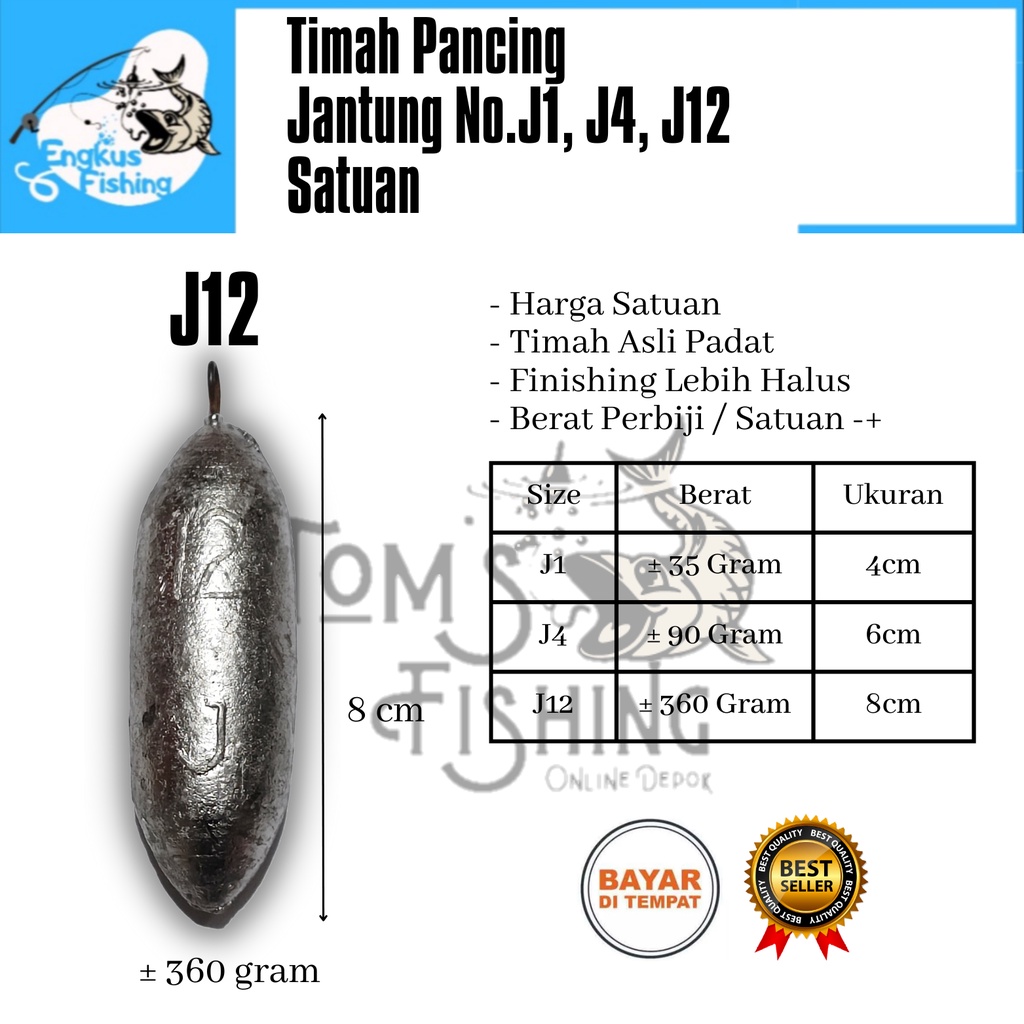 Timah Pancing Jantung Satuan / Perbiji (J1/35gram, J4/90gram, J12/360gram) Murah - Engkus Fishing