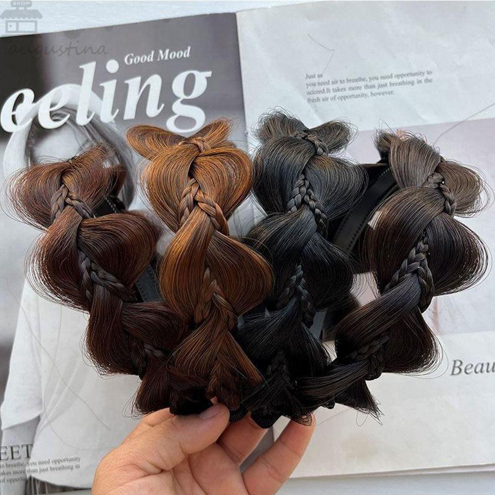 Agustinina Wig Bando Manis Retro Twist Braided Fishbone Braid Non-slip Cuci Muka Bando Perempuan Hairbands