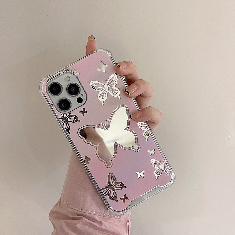 【Shock Proof Mirror】Silicone Soft Case Iphone 6S 7 8 Plus X XR XS Max IPhone 11 12 13 14 Pro Max 14 Plus 7+ 8+ 12 13 mini for Women Girl Ins Pink butterfly