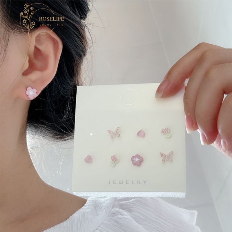 Roselife 8 Pcs Indah S925 Perak Biru Pink Kupu-Kupu Sakura Stud Earring Set Untuk Wanita Perempuan Musim Panas Trendi Lucu Cherry Blossom Tulip Anting Alergi Gratis Telinga Perhiasan Aksesoris