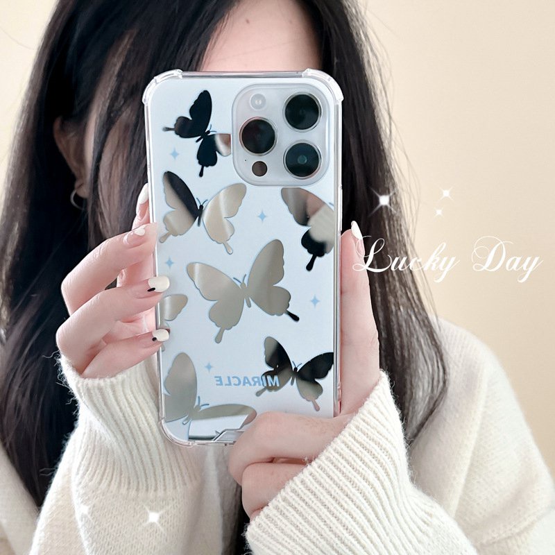 [Anti Jatuh Cermin] Pretty Silver Makeup Silikon Soft Case IPhone 6S 7 8 Plus X XR XS Max IPhone 11 12 13 14 Pro Max 14 Plus7+8+12 13 mini Untuk Wanita Cewek Pretty Butterfly