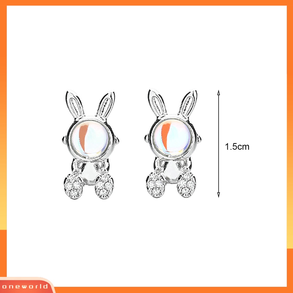 [EONE] 1pasang Ear Studs Faux Moonstone Mini Bawa Keberuntungan Bling Berlian Imitasi Kelinci Bunny Wanita Anting Perhiasan Aksesoris