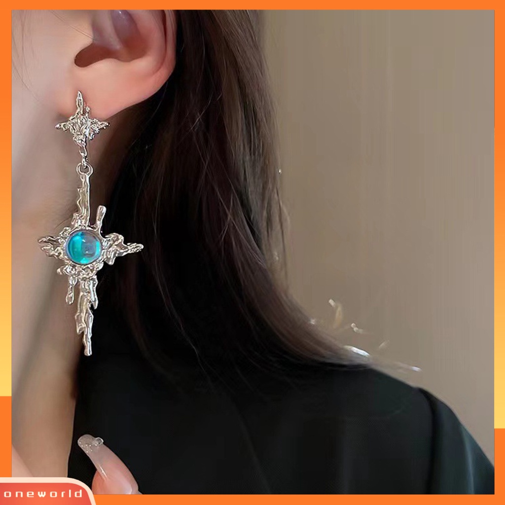 [EONE] 1pasang Drop Earrings Tidak Teratur Cair Logam Panjang Rumbai Hip Hop Kilau Terang Hias Hadiah Wanita Cross Faux Moonstone Pendant Stud Earrings Perhiasan Aksesori Fashion