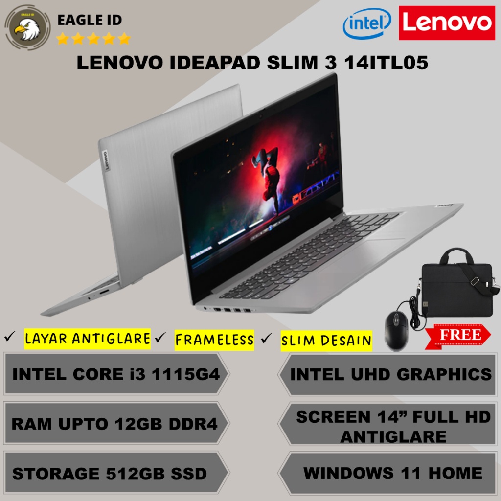 TERMURAH LAPTOP SEKOLAH LENOVO IDEAPAD SLIM 3I 14 INTEL I3 1115G4 12GB 512GB SSD