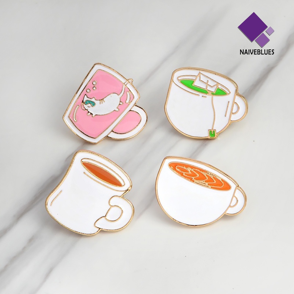 &lt; Naiveblues &gt; 4Pcs Cangkir Teh Kopi Enamel Bros Pin Lencana Jeans Kerah Set