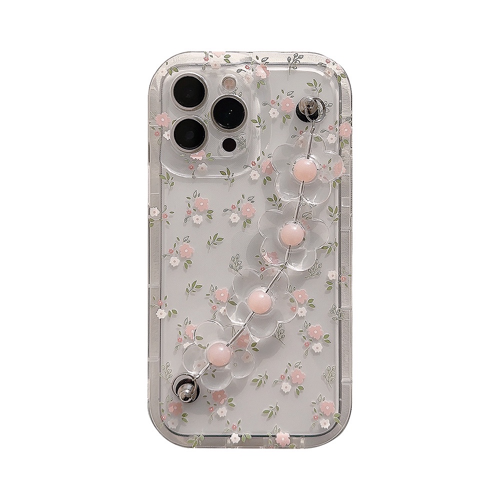 IPHONE Ins Pink Flower Case Silikon Dengan Rantai Bunga Untuk Iphone14 11 12 13 PRO MAX Casing Cover Pelindung AT0241