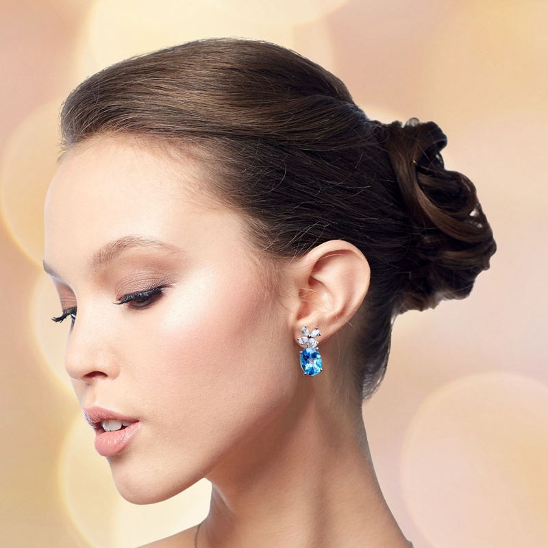 Sky Blue Cubic Zirconia Bunga Stud Anting Wanita Pertunangan Pesta Temperamen Aksesori Manis Perhiasan Fashion