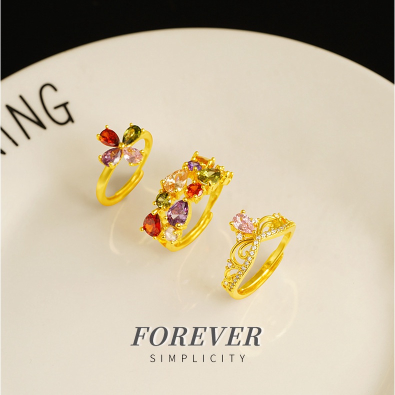 Goldkingdom Fashion Perhiasan 24 K Bangkok Aksesoris Ready Stock ins Baru Populer Wanita Zirkon Cincin Warna-Warni Perhiasan Mahkota Bunga Indah