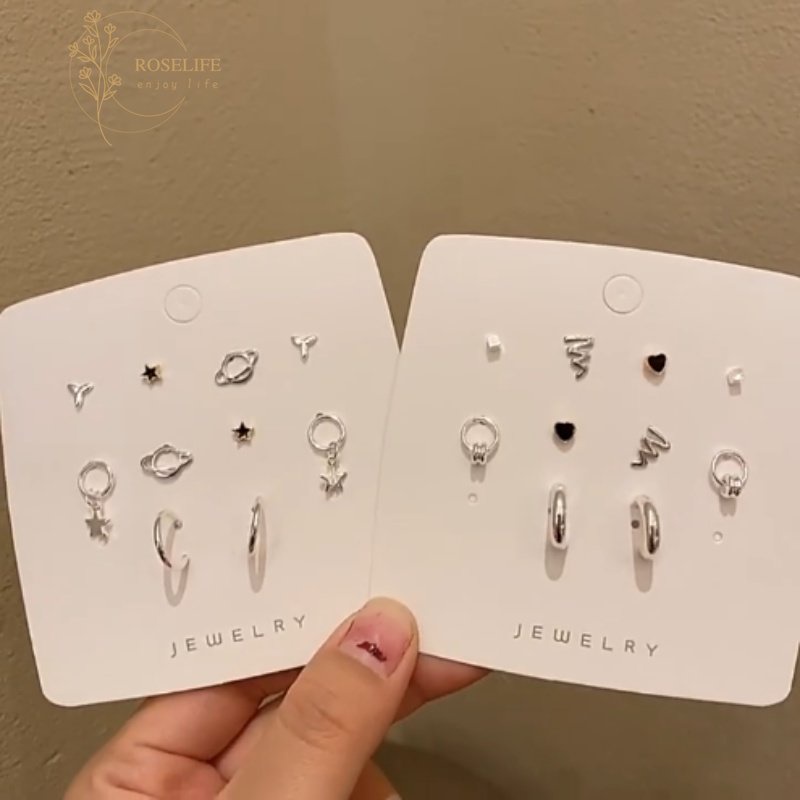 Roselife 10PCs Ins Trendi S925 Perak Kecil Planet Bintang Stud Anting-Anting Untuk Wanita Perempuan Korea Lucu Geometris Anting-Anting Set Alergi Gratis Telinga Perhiasan Aksesoris