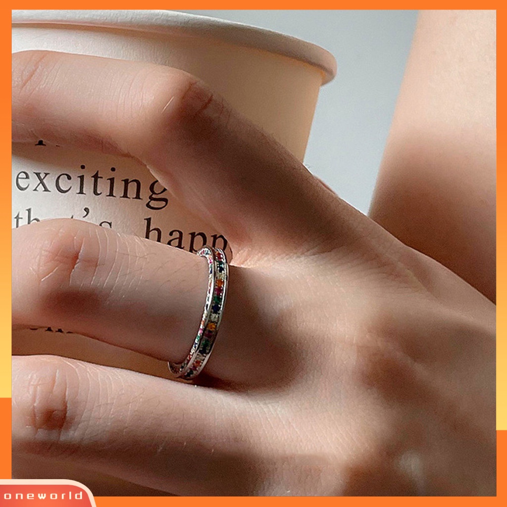 [EONE] Wanita Cincin Terbuka Dapat Disesuaikan Dipoles Warna Perak Pelangi Mengkilap Berlian Imitasi Bertatahkan Jari Cincin Fashion Perhiasan