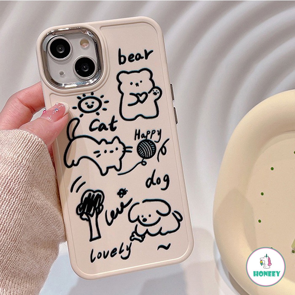 IPHONE Lucu Graffiti Line Animals Bear Happy Cat Phone Cover Case Untuk Iphone14 13 12 11 Pro Max Anjing Yang Indah Jatuh Bukti Soft Cover