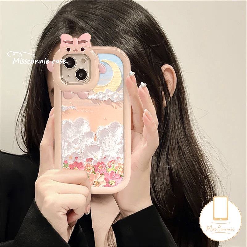 Case Bunga Bulan Lukisan Cat Minyak Untuk Oppo A17 A15 A57 A54 A95 A16 A17K A12 A3s A76 A74 A7 A55 A5s A96 Reno 7Z 5a31 A52 A16E A77s A77 A53 A9 A16K 3D Mangkuk Monster Kecil Penutup Lensa