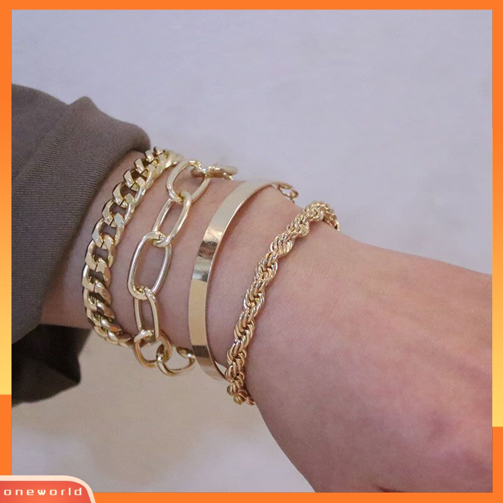 [EONE] 4pcs Wanita Gelang Electroplating Hias Kepribadian Multi-style Vintage Dekorasi Tahan Luntur Vintage Berlebihan Rantai Besar Gelang Perhiasan Aksesori
