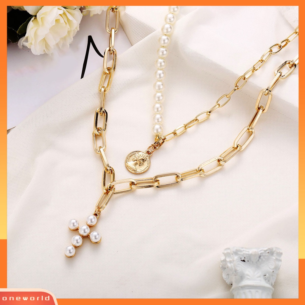 [EONE] Liontin Salib Adjustable Ekstensi Rantai Sweater Kalung Double Layer Mutiara Imitasi Rantai Kalung Perhiasan Aksesoris