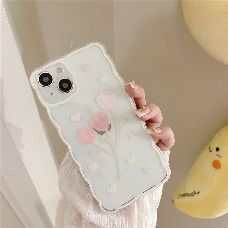 【INS Wave】Pink Tulip Love Soft TPU Case HP iP iPhone 11 12 13 14 Pro Max 7 8 + Plus SE 2020 X XS XR Max Girl Woman Clear FTD Casing Apple