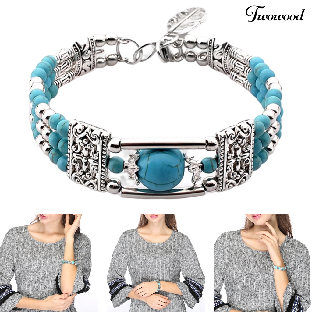 Twowood Gelang Wanita Bohemia Gaya Etnik Tiga Lapis Imitasi Turquoise Halus Untuk Hadiah