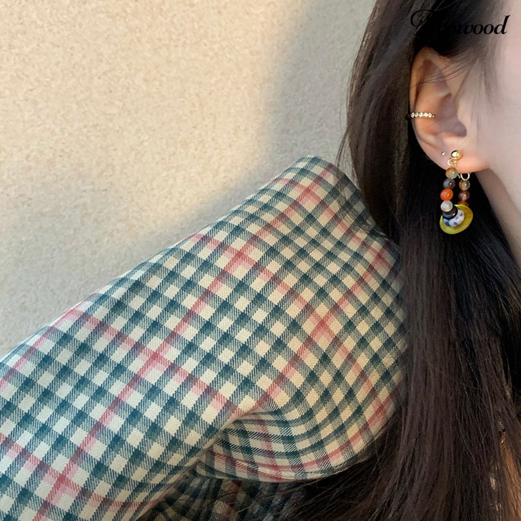 Twowood 1pasang Ear Studs Vintage Gaya Etnik Manik-Manik Berwarna Electroplating Glossy Dress Up Hypoallergenic Alloy Hoop Stud Menjuntai Anting Fashion Perhiasan