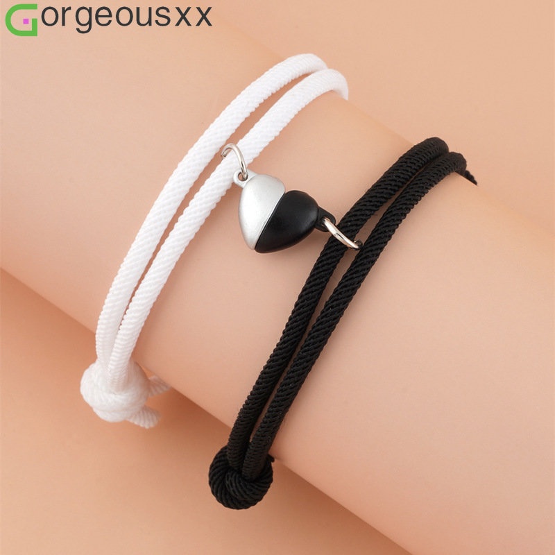 Fashion Hitam Putih Cinta Hati Dikepang Tali Gelang Pasangan Atraksi Magnetik Jantung Adjustable Bracelets BFF Jewelry