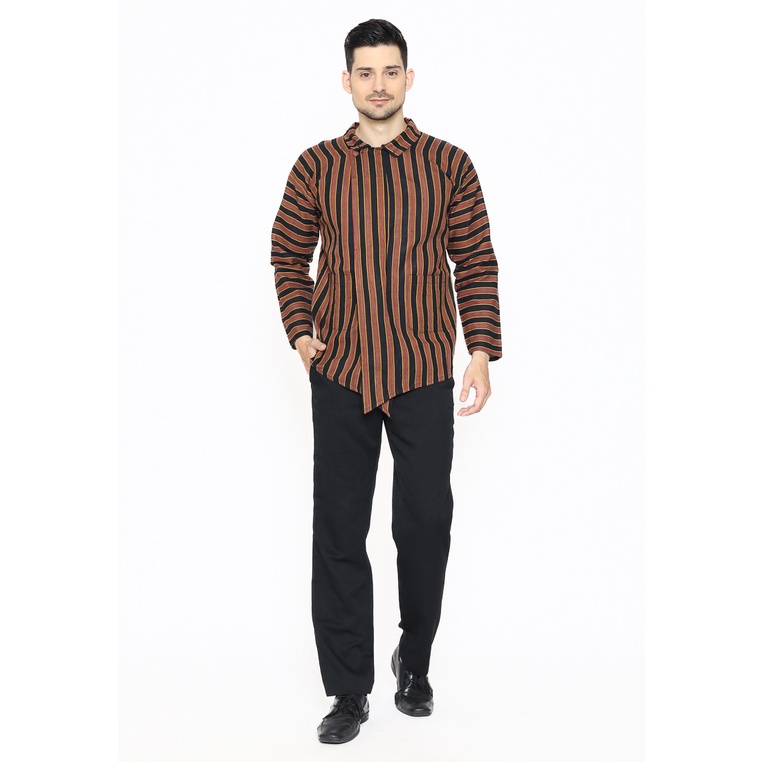 Lurik Batik Etniq Craft Aryeswara Baju Surjan Bahan Lurik Asli Set Masker-Cokelat