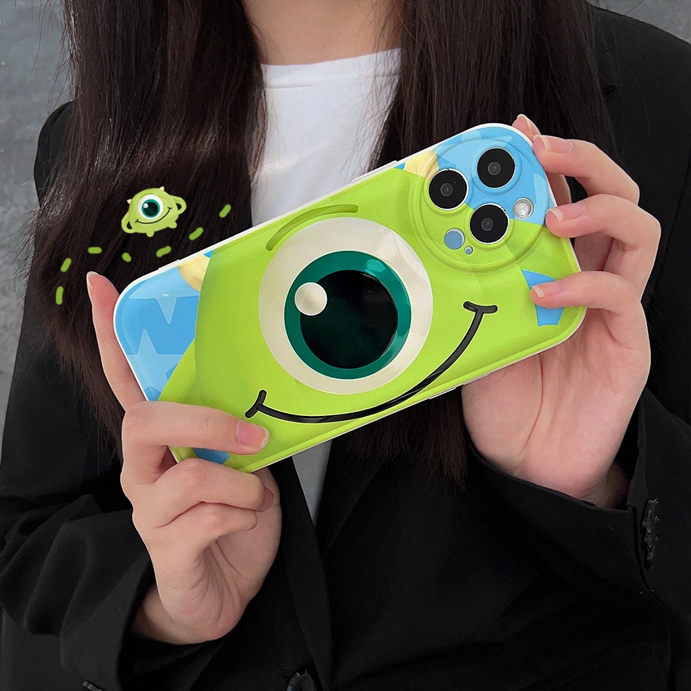 IPHONE Kartun Lucu Little Green Mata Satu Monster Mike Bulat Pelindung Lensa Kamera Soft Phone Case Cover Untuk Iphone7 8 PLUS X XR XS 11 12 13 14 PRO MAX SE 2020