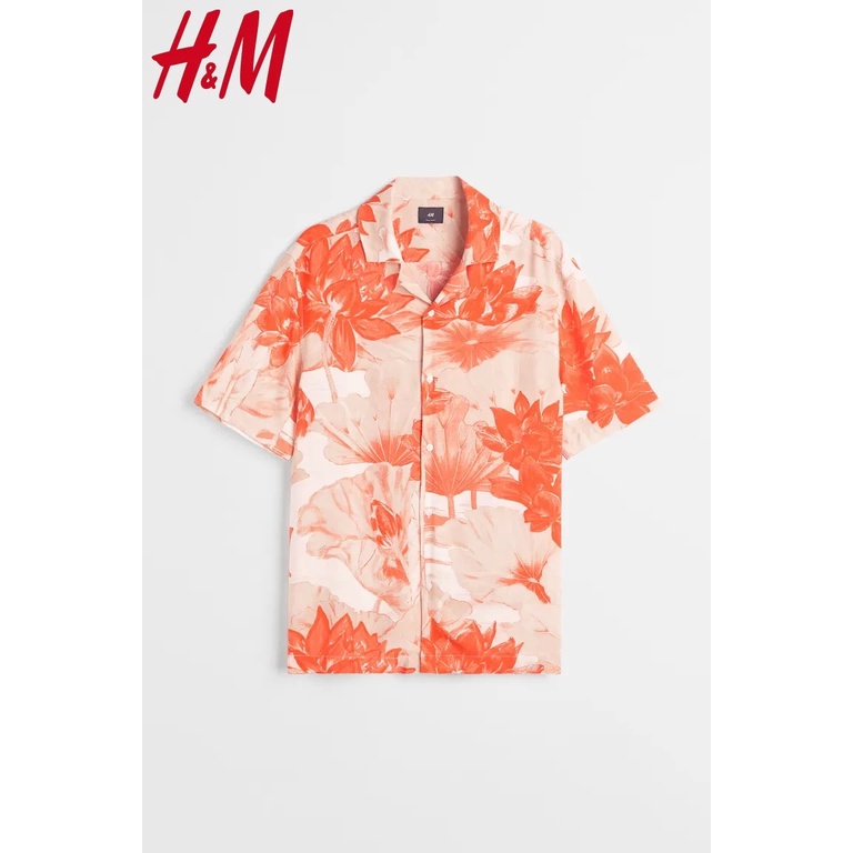 H&amp;M Patterned Resort Shirt Orange Coral Pria Original Viscose HnM