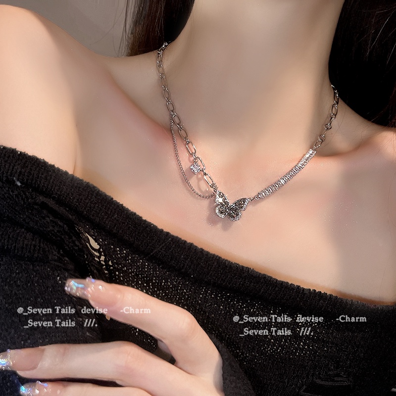 Ay (CN) Y2K Butterfly Heart Cross Pendant Kalung Zirkon Kristal Mutiara Silver Rantai Choker Untuk Wanita Perhiasan Aksesoris