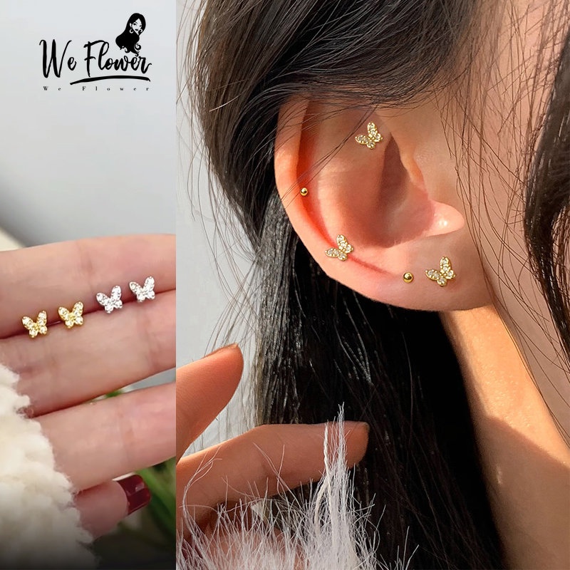 Kami Bunga Korea S925 Perak Emas Lucu Mungil Bersinar Zirkon Kupu-Kupu Stud Anting-Anting Untuk Wanita Perempuan Indah Hypoallergenic Kecil Anting-Anting Perhiasan Aksesoris