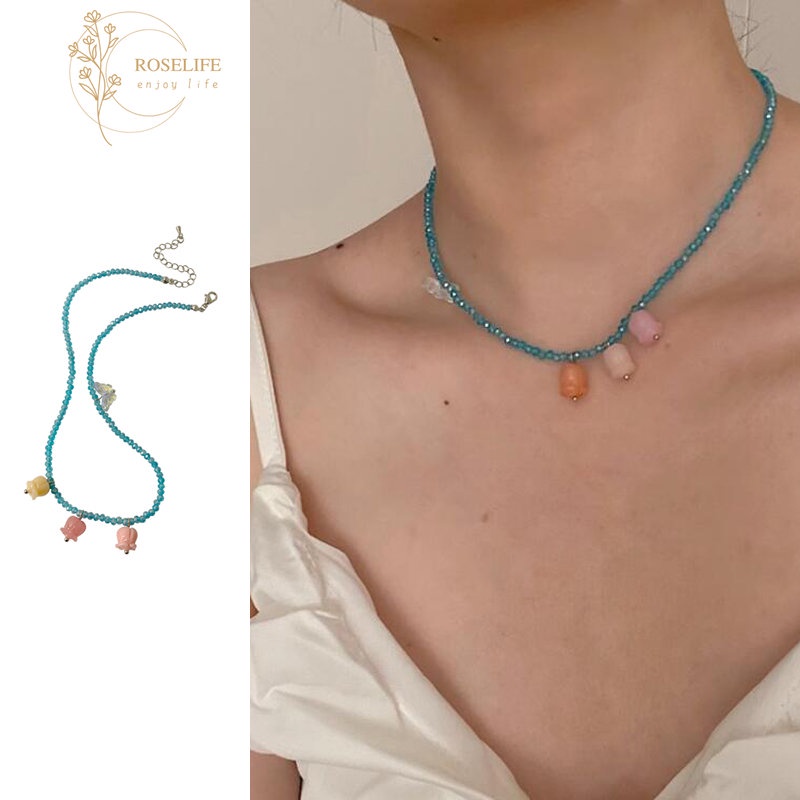 Roselife Romantis Korea Kupu-Kupu Tulip Pesona Biru Resin Beads Choker Kalung Untuk Wanita Gadis Manik-Manik Kalung Musim Panas Trendi Pantai Liburan Kalung Perhiasan Aksesoris