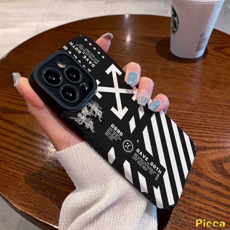 IPHONE Trendy Merek O.F.F-W.h.i.t.e Stripe Sticker Case Kompatibel Untuk Iphone11 13 14 12 Pro MAX 7Plus XR X XS Max7 8 Plus Tekstur Mewah Kulit Lembut Silicon Cover