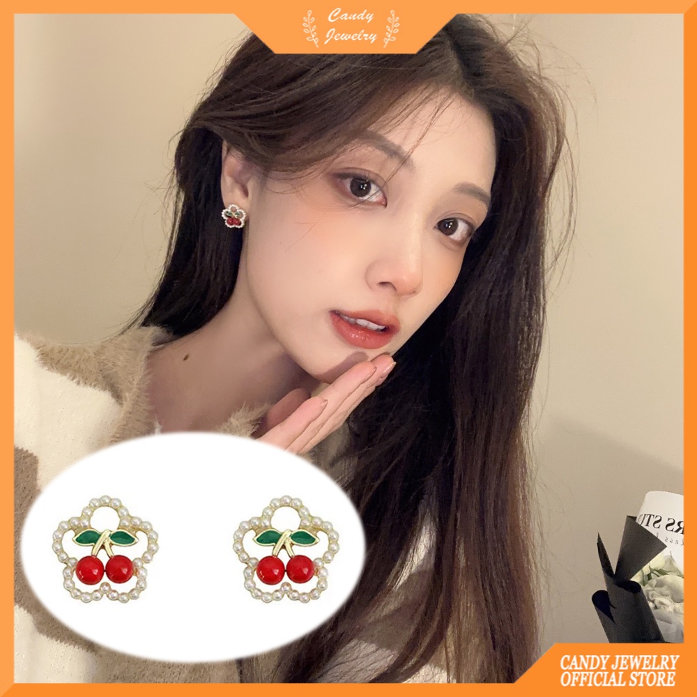 Anting Cherry Bunga Mutiara Untuk Wanita Segar Lucu Anting Fashion Baru Anting Manis Perhiasan Permen